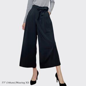 ZARA High Rise Wide Leg Cropped Pants XS Black Tie Waist Elastic Back
